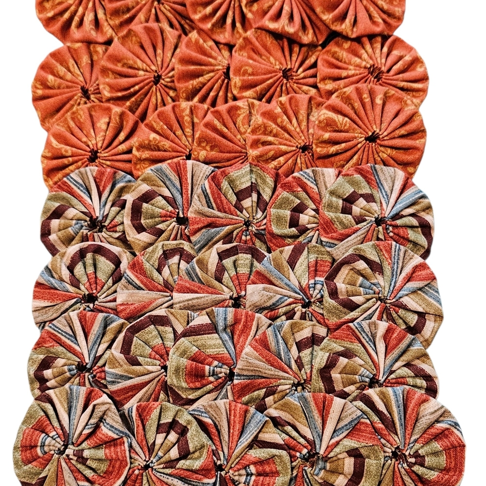 Handmade Fabric Yo Yo's Set of 35 in Brown, Gold, Purple and Olive Green